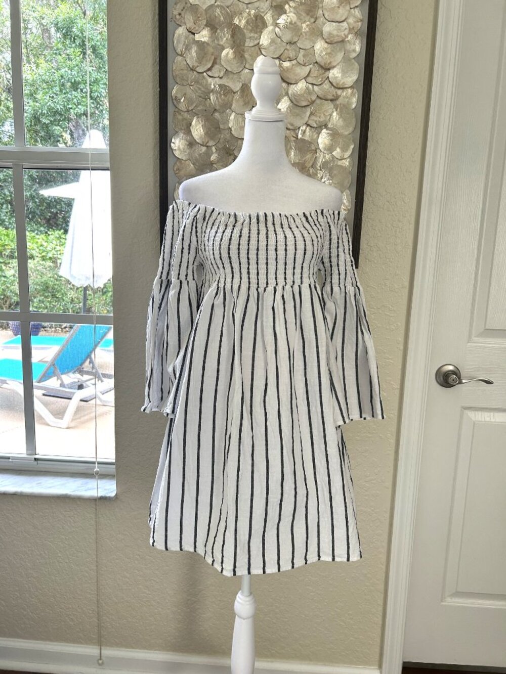 Blue Island Off- Shoulder Stripe Mini Dress